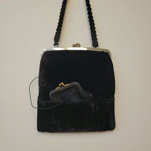 Vintage Velour Black Tote Bag With Satine Coins Purse